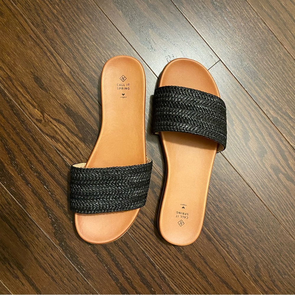 Call It Spring Black and Tan Woven Sandals